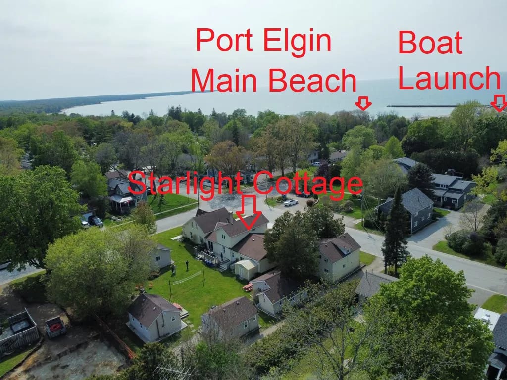 Aerial view of the property with Port Elgin Main Beach and boat launch labelled